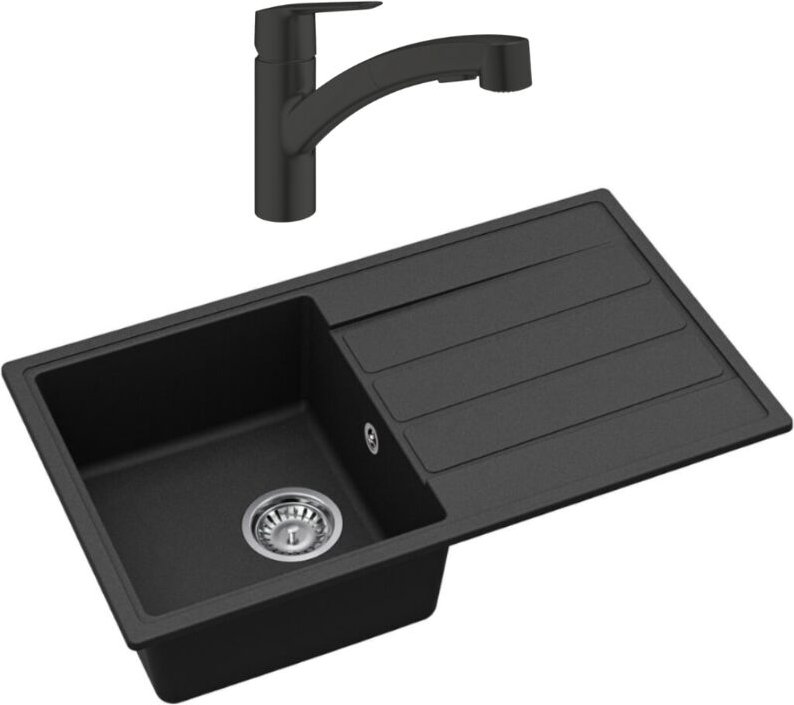 Thumbnail - 76x44 cm Granit Unterbauspüle mit Abtropffläche + Einhebelmischer mit Handbrause 2-Strahl, mattschwarz (SATSINKGE3B-SET ...