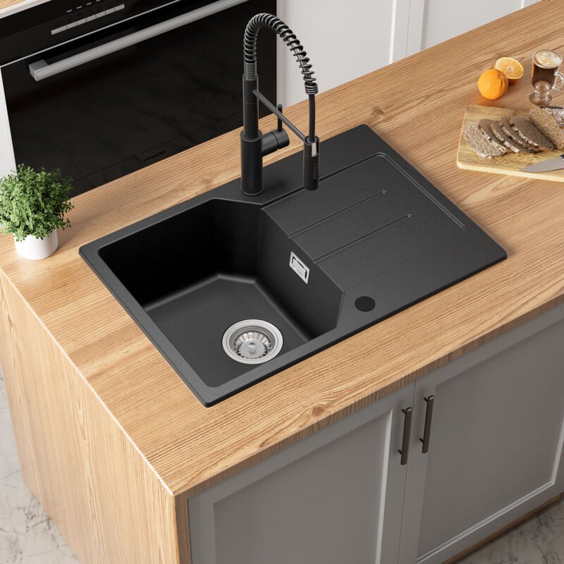 Anycee Max 65 x 45 cm Einzelbecken Quarzspüle Granit Küchenspüle – Granitspüle mit Abtropffläche