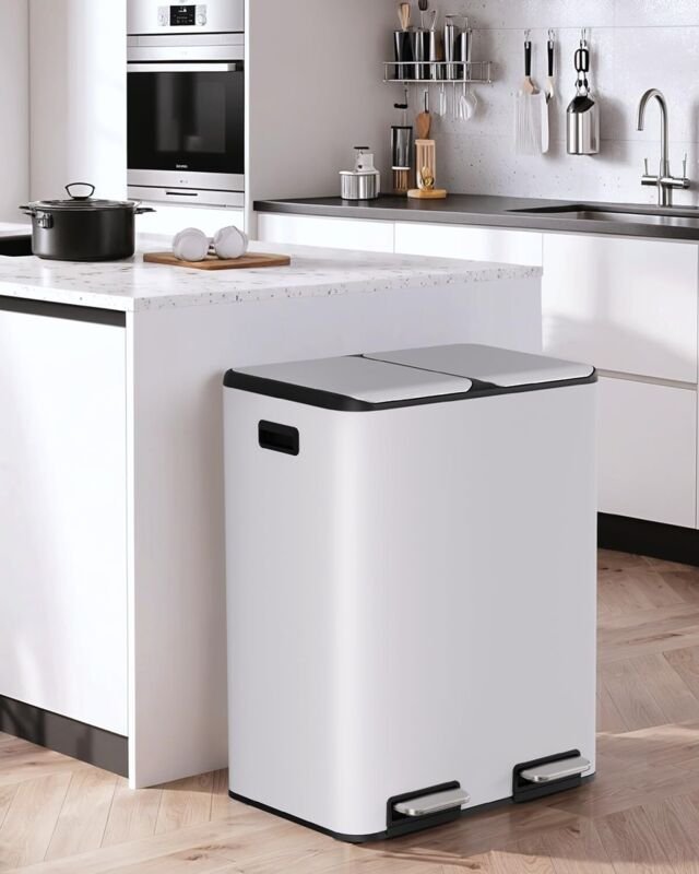 2-Kammer-Mülleimer, 2 x 30 l, Treteimer, mit Geruchsfilter, geräuscharmem Deckel, Kunststoff-Inneneimer, Recyclingsystem...