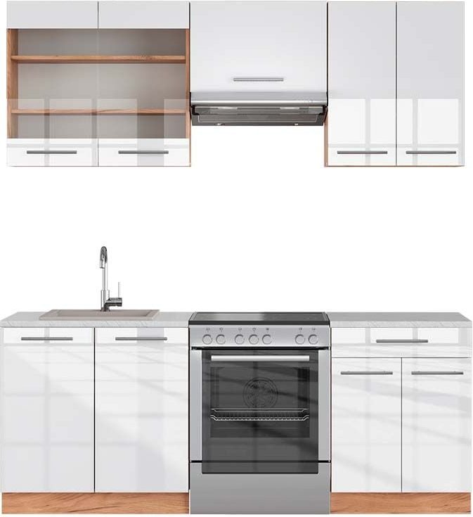 Vicco - Küchenzeile Fame-Line, Weiß Hochglanz/Goldkraft Eiche, 200 cm , ap Marmor