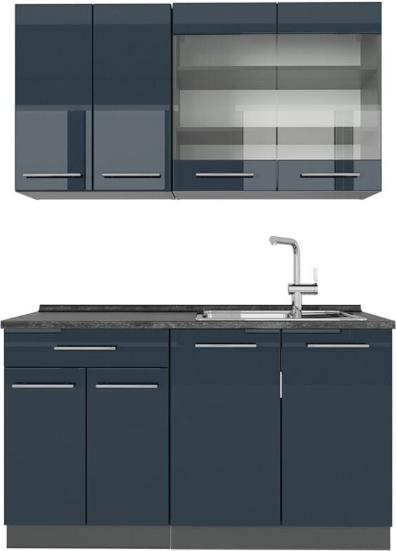 Vicco - Küchenschränke Fame-Line, Dunkelblau Hochglanz/Anthrazit, 140 cm ohne Arbeitsplatte