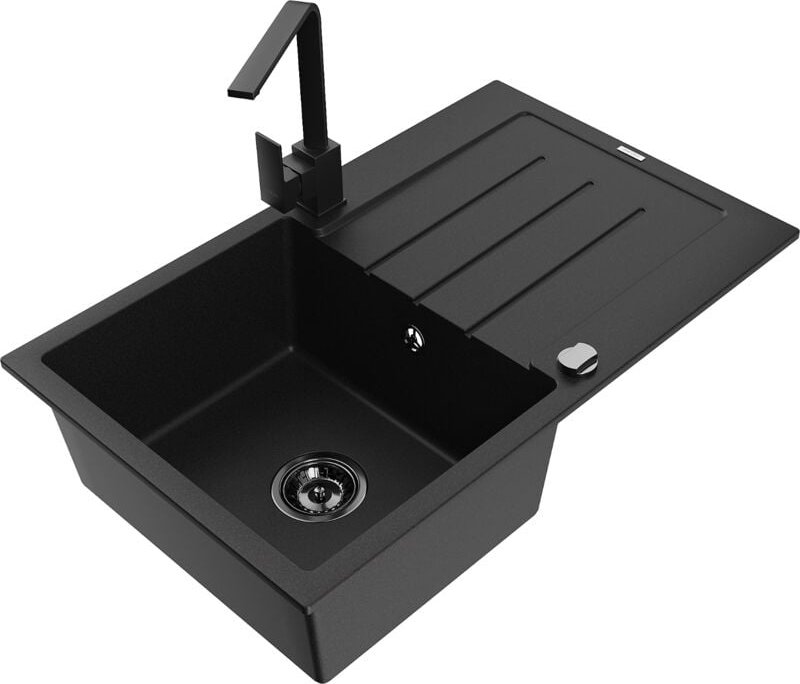 Bruno 1 Becken-Granitspüle mit Abtropffläche und Mischbatterie Rita, Schwarz - 6513-77-670300- - Mexen