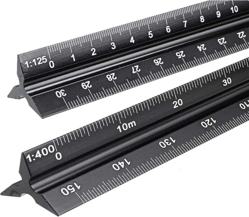 Satz mit 2 dreieckigen Aluminium-Verkleinerungsmaßstäben für Architekten und Ingenieure: 1:20, 1:25, 1:50, 1:75, 1:100, ...