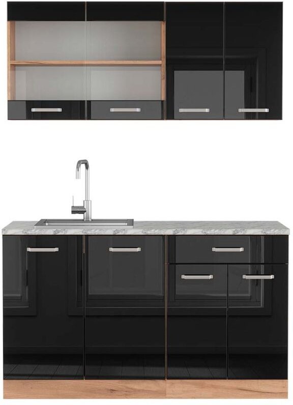 Vicco - Singleküche R-Line, Schwarz Hochglanz/Goldkraft Eiche, 140 cm , ap Marmor