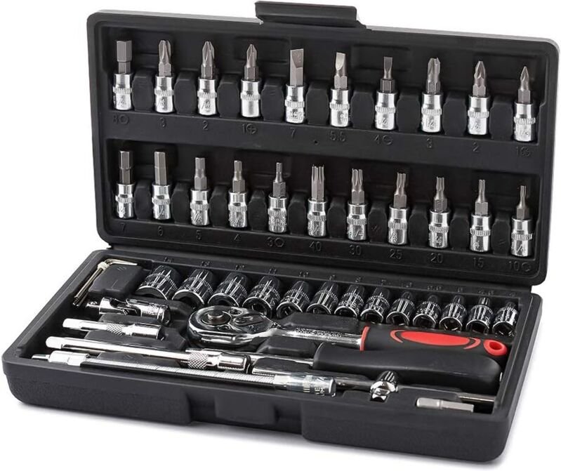 Soekavia - 46-teiliger Chrom-Vanadium-Steckschlüsselsatz, 1/4 Zoll, Adaptersatz, DIY-Auto-Steckschlüsselkasten – rw