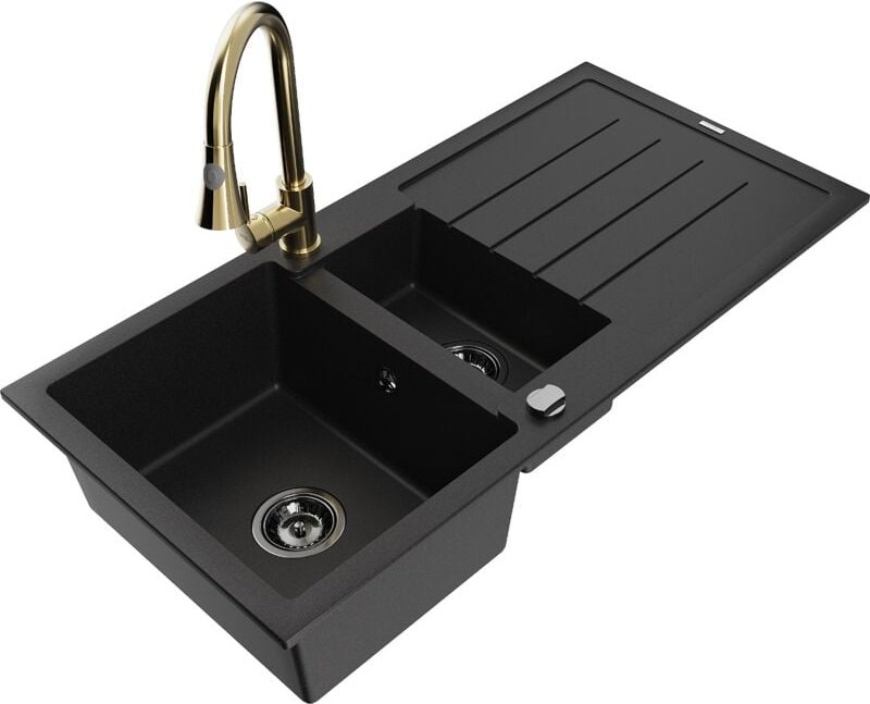 Andres 1,5-Becken-Granitspüle mit Abtropffläche und Mischbatterie Elia, Schwarz - 6515-77-6701 - Mexen