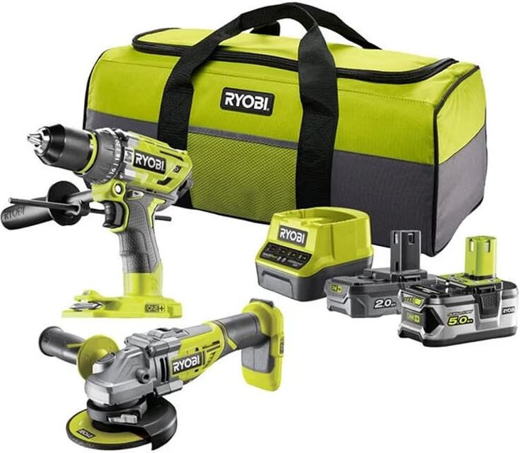 Ryobi - Pack 2 Werkzeuge Bohrer und Schleifer 18V one+ (1x2,0 Ah + 1x5,0 Ah) in Tasche RCK182BL-252S