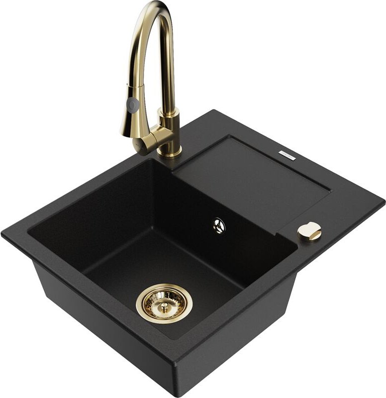 Thumbnail - Mexen Enzo 1 Becken-Granitspüle mit Abtropffläche und Mischbatterie Elia, Schwarz - 6506-77-670101-5