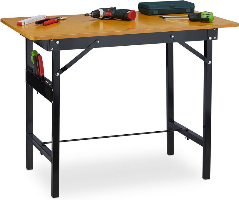 Werkbank klappbar, bis 100 kg, Längenmaß, Winkelmesser, hbt 76x100x60cm, Arbeitstisch Werkstatt, natur/schwarz - Relaxda...