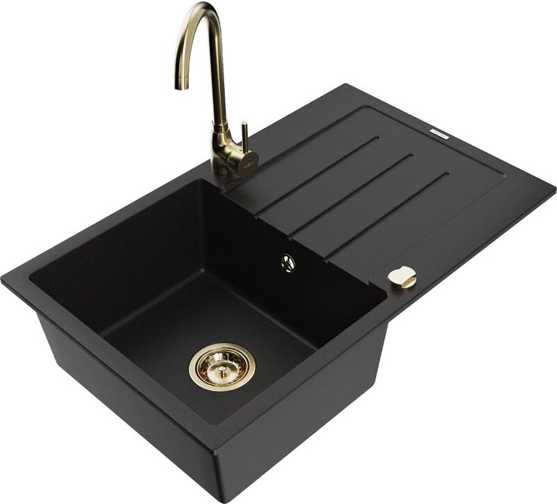 Bruno 1 Becken-Granitspüle mit Abtropffläche und Mischbatterie Telma, Schwarz - 6513-77-670200 - Mexen