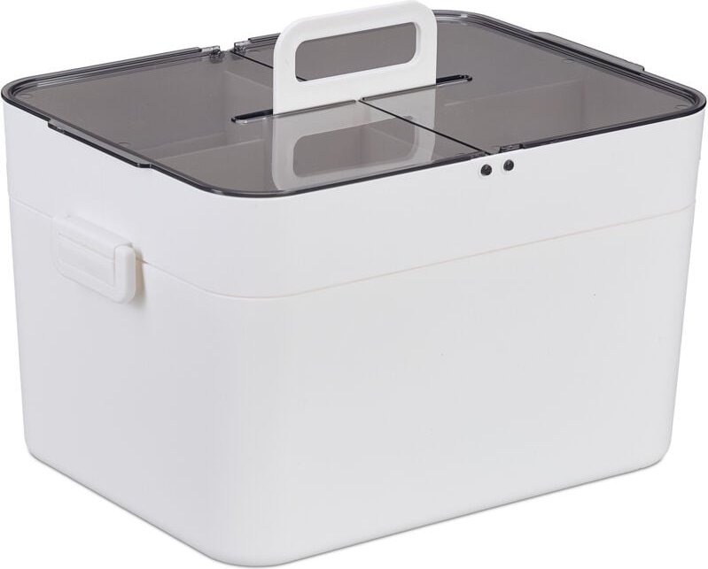 Hausapotheke, 5 Fächer, Erste Hilfe Kasten 2 separate Etagen, Kunststoff, HxBxT: 22x28,5x21,5 cm, weiß/grau - Relaxdays