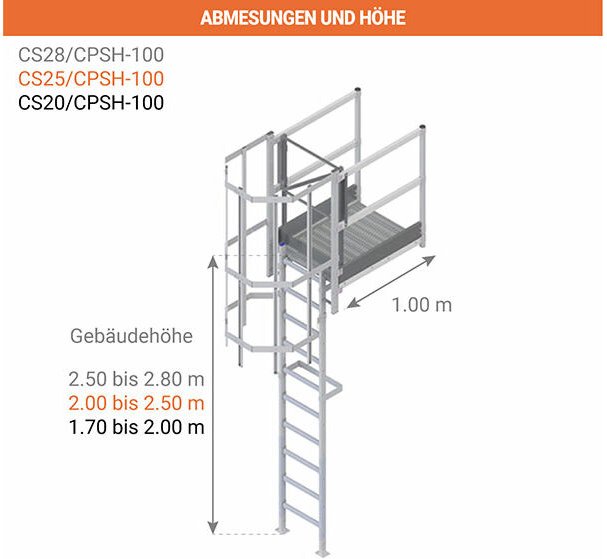 Echelle crinoline palier de sortie 1.00m - h. à franchir 7.20 à 7.40m - CS74-CPSH-100