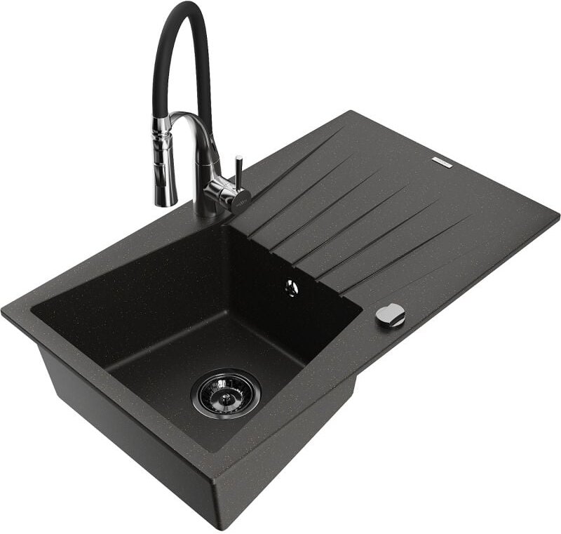 Cesar 1 Becken-Granitspüle mit Abtropffl√§che und Mischbatterie Aster, Schwarz/Gold metallisch - 6514-75-73450-07-B - Me...