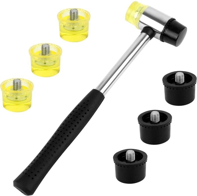 1 Stück Gummihammer, doppelseitiger Gummihammer mit 6 Stück austauschbarer Schlagfläche, schwarzer und gelber rutschfest...