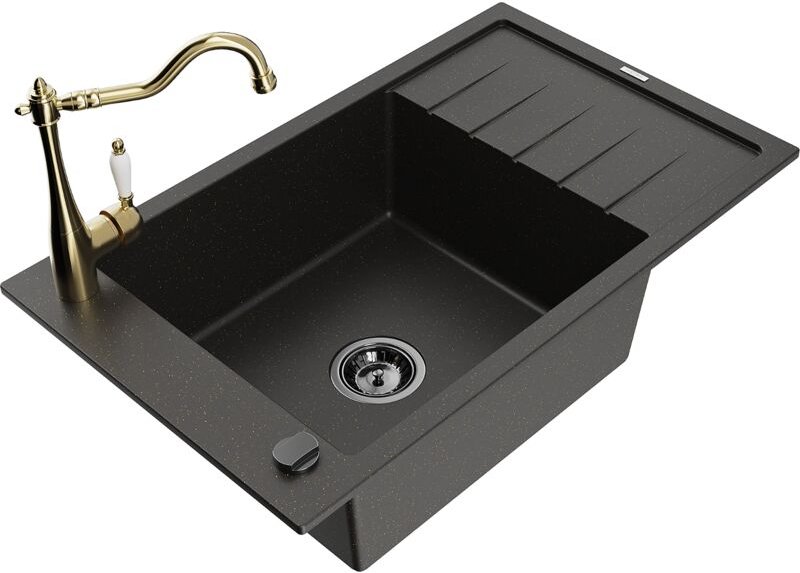 Elias 1 Becken-Granitspüle mit Abtropffläche und Mischbatterie Carla, Schwarz/Gold metallisch - Mexen