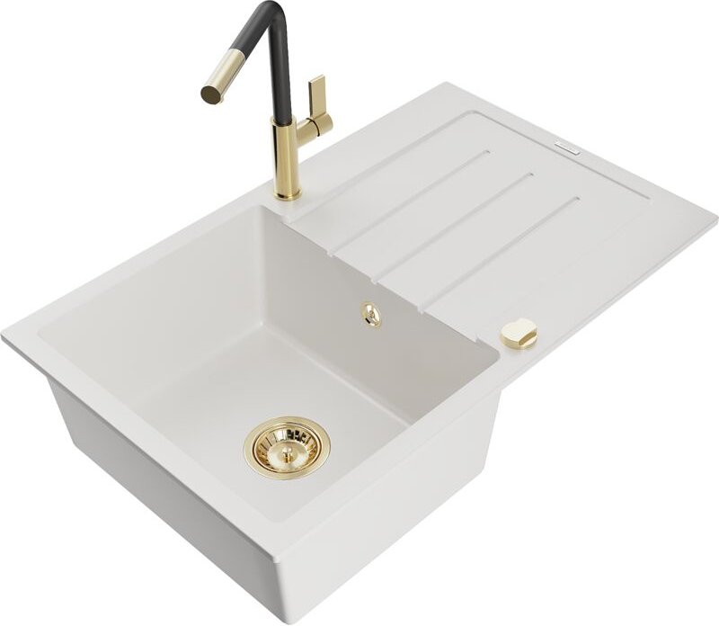 Mexen Bruno 1 Becken-Granitspüle mit Abtropffläche und Mischbatterie Flora, Weiß - 6513-20-670401-57