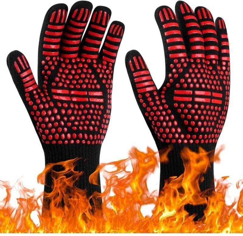 Thumbnail - DPZO Grillhandschuhe, hitzebeständig bis 800 °C, rutschfest und hitzebeständig, ideal für BBQ, Backofen, Grill, Kamin, S...