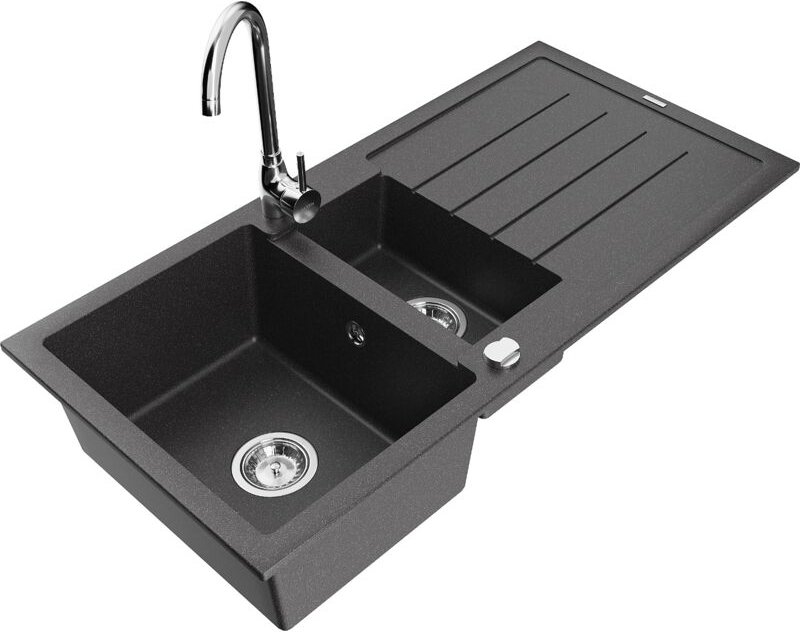 Mexen Andres 1,5-Becken-Granitspüle mit Abtropffläche und Mischbatterie Telma, Schwarz gesprenkelt -