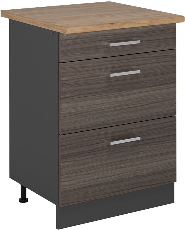 Vicco - Küchenunterschrank R-Line, Edelgrau, 60 cm mit Schubladen, ap Eiche
