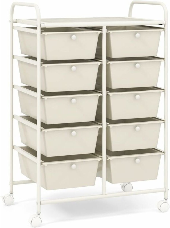 Rollwagen mit 10 stapelbaren Schubladen, Schubladenwagen Rollcontainer mit Metallgestell und Ablagefläche, Badrollwagen ...