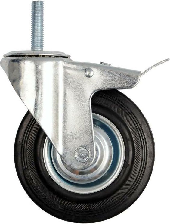 75mm Lenkrolle mit schwarzem Gummi, Bremse und Gewindespindel, Kugellager / 87331 / vorel