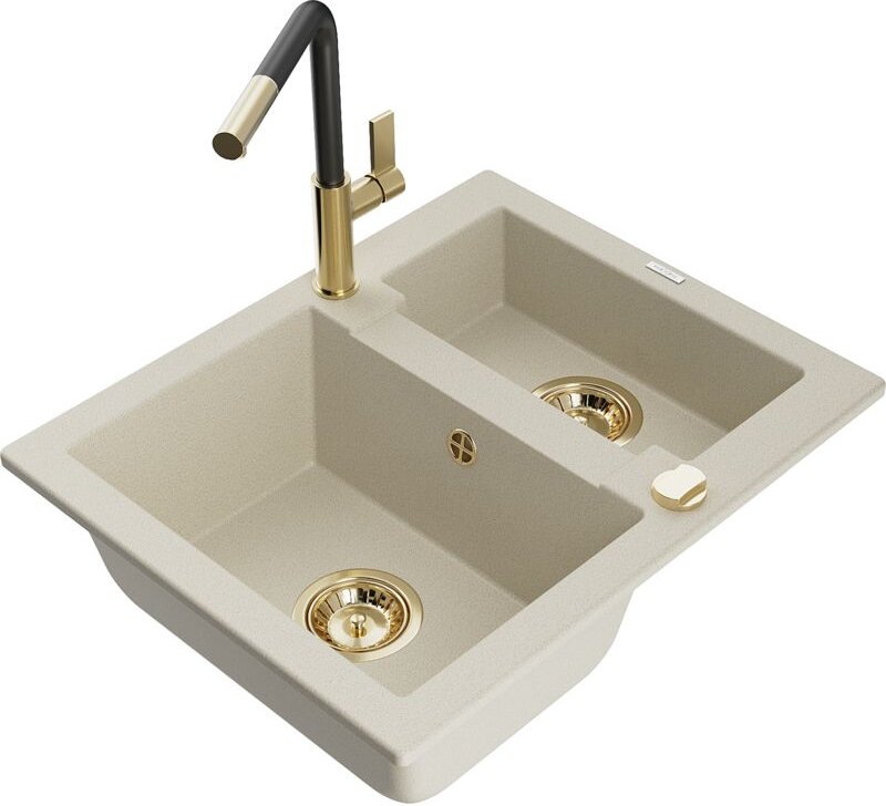 Carlos 1,5-Becken-Granitspüle mit Mischbatterie Flora, Beige - 6518-69-670401-57-G - Mexen