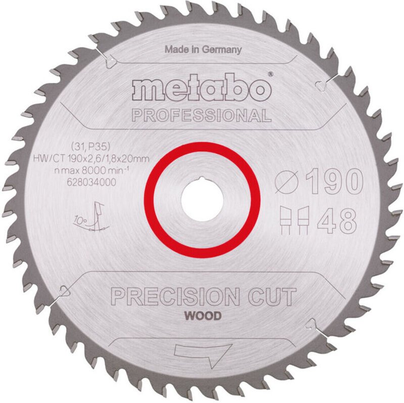 Metabo - Sägeblatt 'precision cut wood - professional', 190x2,6/1,8x20, Z48 wz 10°