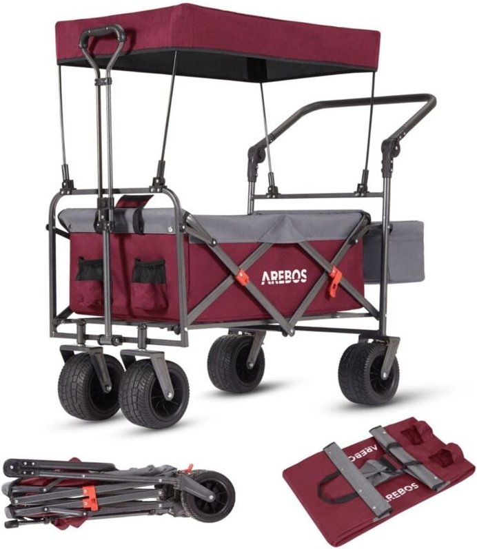 Arebos - Bollerwagen faltbar mit Dach Luxus Handwagen Faltwagen Transportwagen xxl Tasche klappbar bis 100 kg Gerätewage...