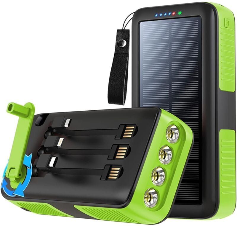 Kompakte Solar-Powerbank mit integriertem Kabel, Handkurbel-Ladegerät, wasserdichte Powerbank, Notfall-LED-Taschenlampe,...