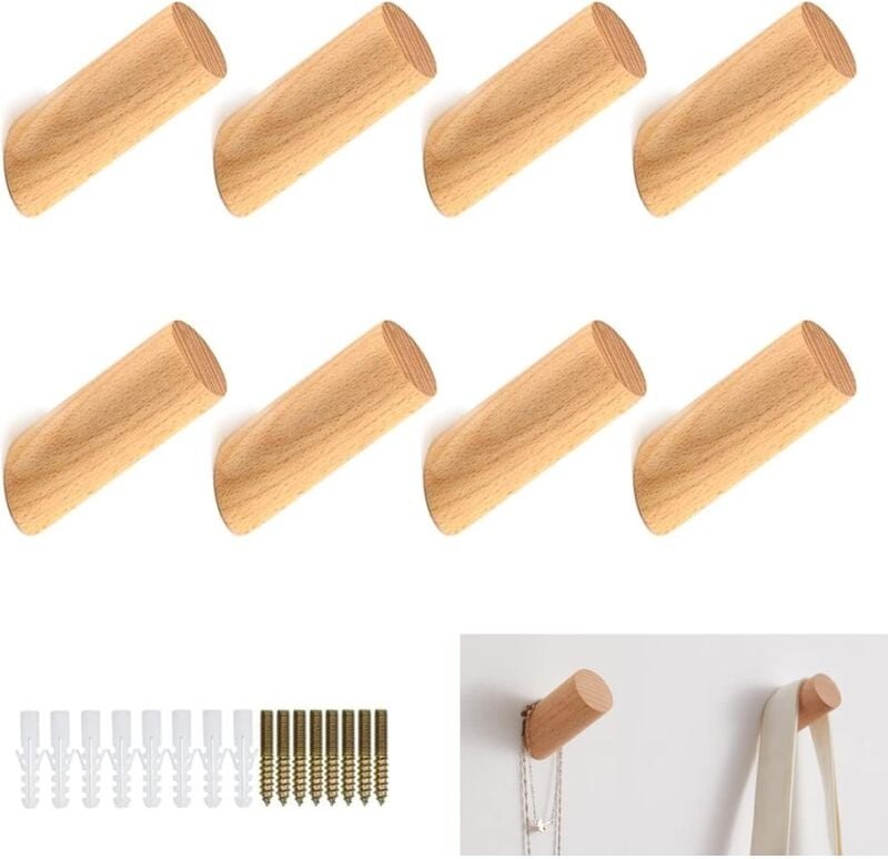 8 Stück Kleiderhaken aus Holz zur Wandmontage, Kleiderhaken aus Holz, Wandhaken aus Holz, Hutablage für den Eingangsbere...