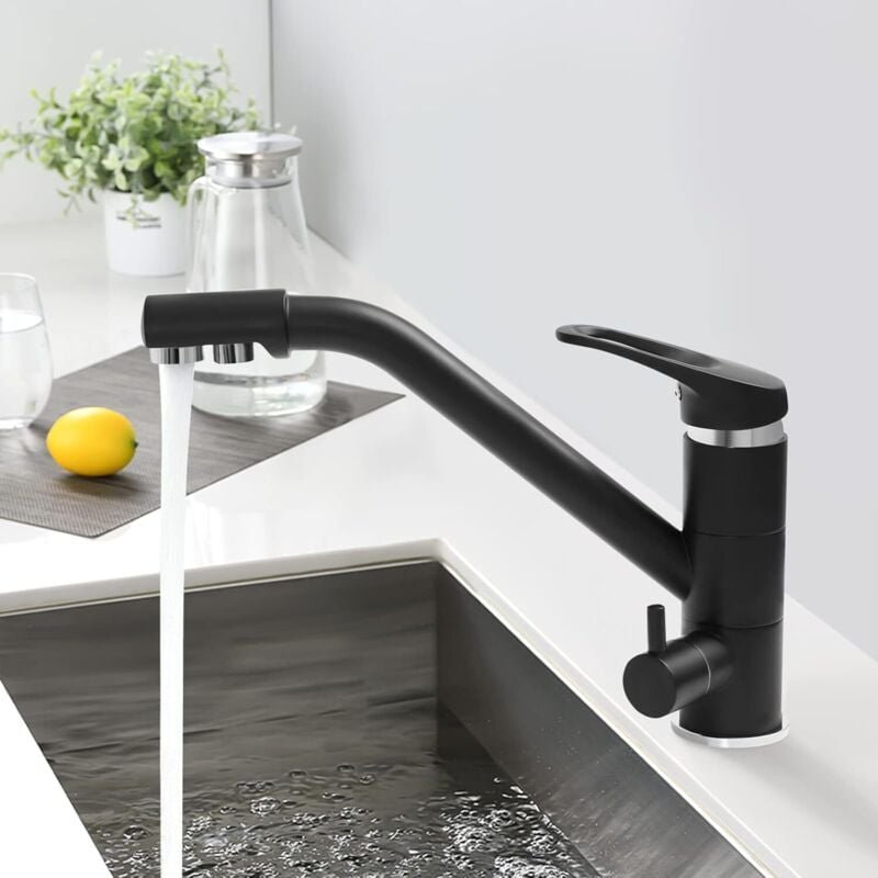 3 in 1 Trinkwasserhahn 3 Wege Trinkwasser Armatur Küche Wasserhahn für Wasserfilter Küchearmatur Hebel mit 2 Hebel Schwa...