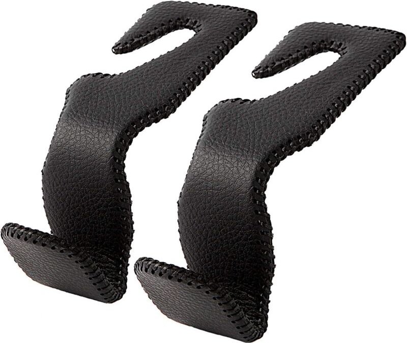 Thumbnail - (Schwarz) 2er-Pack Auto-Kopfstützenhaken, Sitz-Organizer, Kleiderbügelhalter aus Leder, zum Aufhängen von Geldbörsen, Ta...