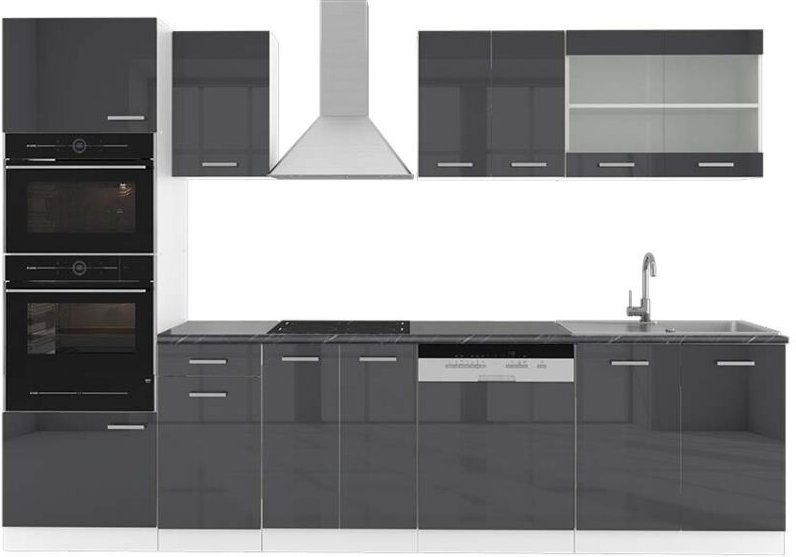 Thumbnail - Vicco - Küchenzeile R-Line, Anthrazit Hochglanz/Weiß, 300 cm mit Hochschrank, ap Anthrazit