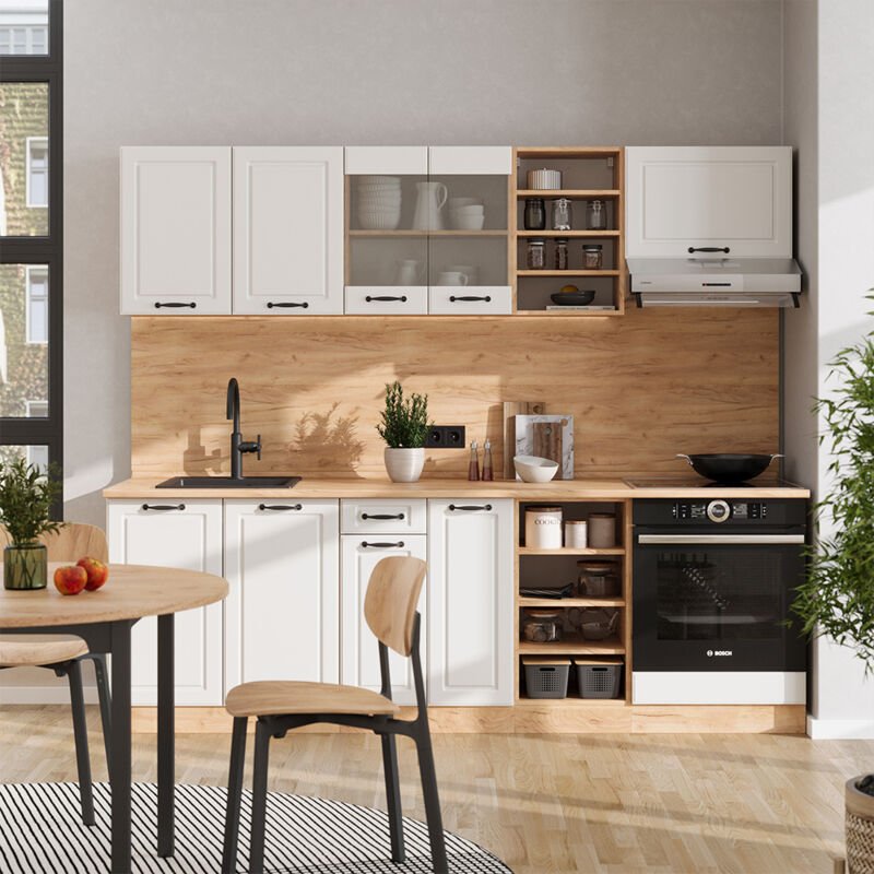 Vicco - Küchenzeile R-Line, Weiß Landhaus/Goldkraft Eiche, 240 cm ohne Arbeitsplatte