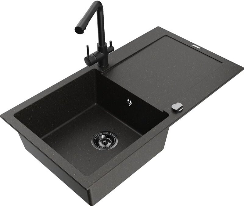 Mexen Leo 1 Becken-Granitspüle mit Abtropffläche und Mischbatterie Duero, Schwarz/Gold metallisch - 6501-75-671600-70-B