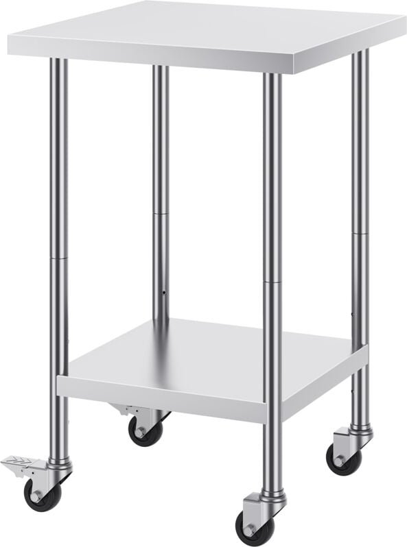 Mophorn - Arbeitstisch aus Edelstahl, 61 x 61 x 96,5 cm, 318 kg Tragkraft, 4 Räder, 3 einstellbare Höhenstufen, robuster