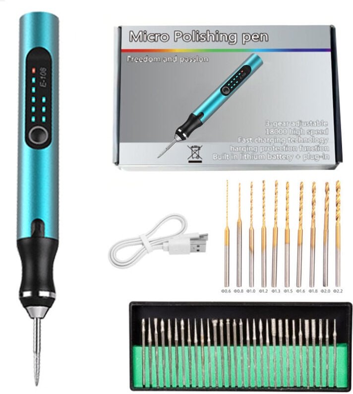 3-Gang-Akku-Minibohrmaschine mit Spiralbohrern für Modellbau, Holz, Harz, Schmuck, Kunststoff, Leiterplatten und Leder.