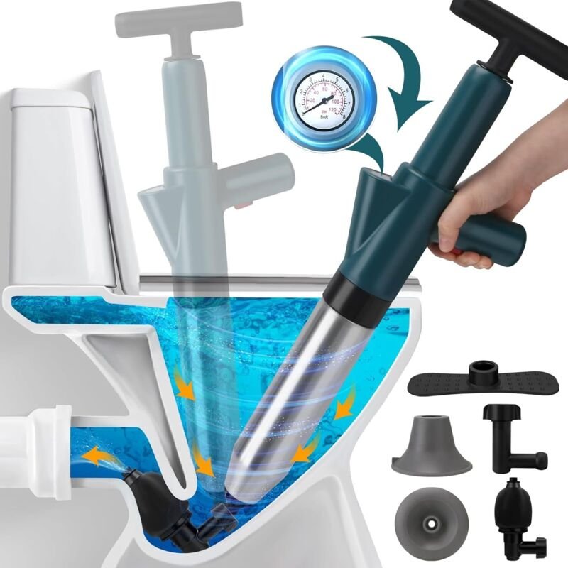 Toilettenpümpel, Hochdruck-Luftpistole mit Echtzeit-Barometer, Edelstahl-Pümpel, Abflussreiniger für verstopfte Abflüsse...