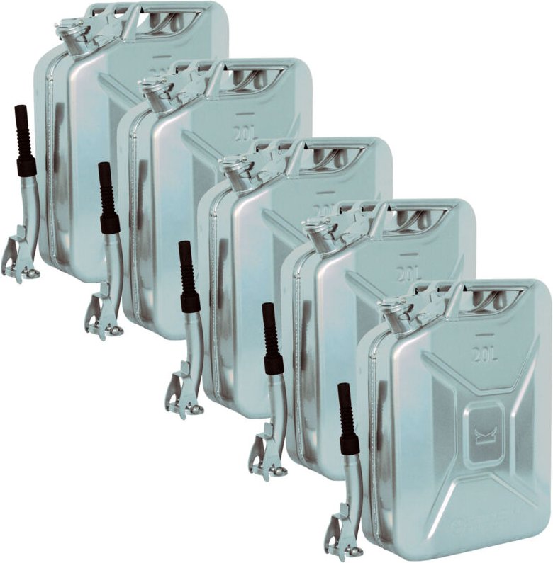 5x Metallkanister silber 20 Liter inkl. Ausgießer + Halter Benzin Diesel