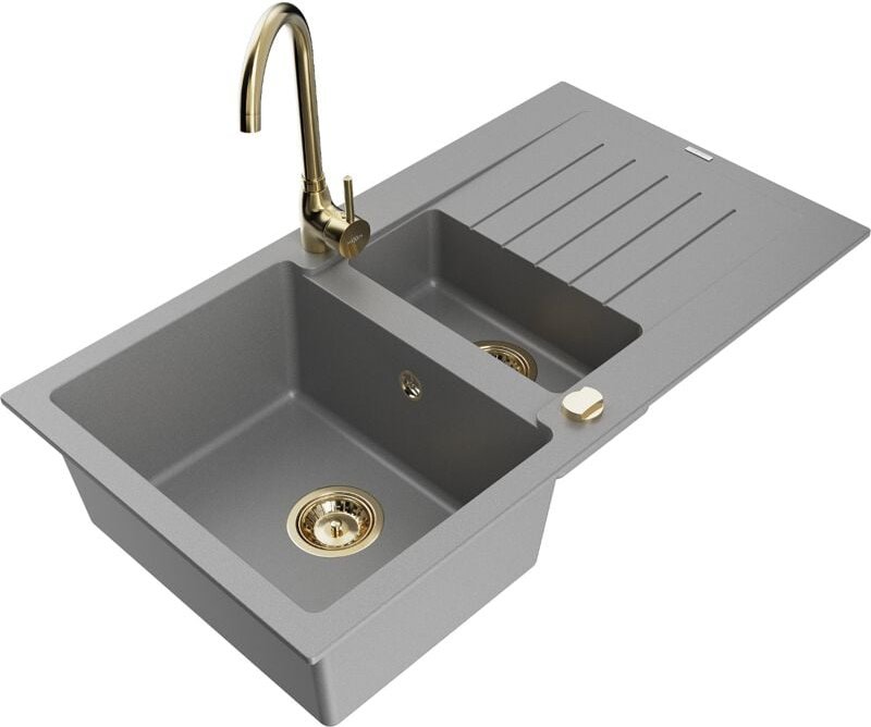 Matias 1,5-Becken-Granitspüle mit Abtropffläche und Mischbatterie Telma, Grau - 6502-71-670200 - Mexen