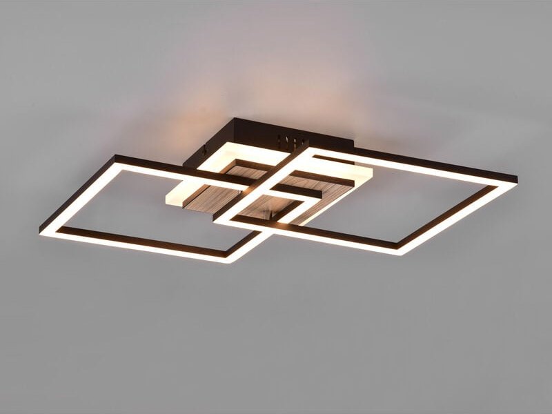 Reality Leuchten - Flache led Deckenleuchte giro Schwarz Holzoptik mit Fernbedienung, Breite 57cm