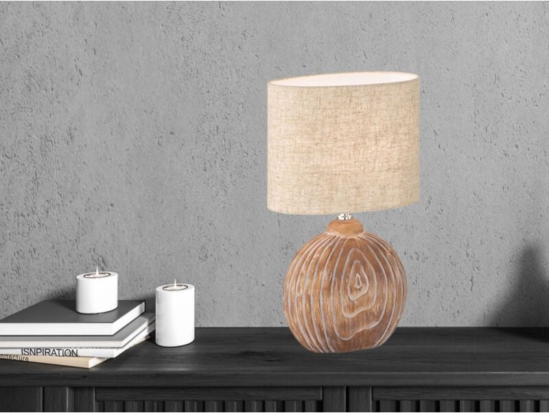 Meinewunschleuchte - led Tischlampe mit Keramikfuß Holzfarben & Lampenschirm Leinen Beige, Höhe 39cm