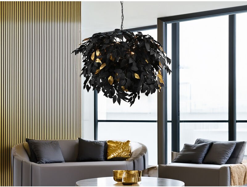 Meinewunschleuchte - Große led Pendelleuchte Blätter Lampenschirm Schwarz Gold, ø 70cm