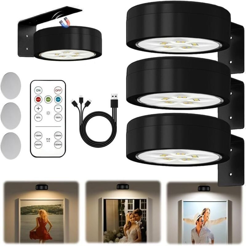 Bildbeleuchtung Kabellos mit Fernbedienung, 3 Stück Magnetisches LED Bilderleuchte Dimmbar & Wiederaufladbar, Bild Licht...