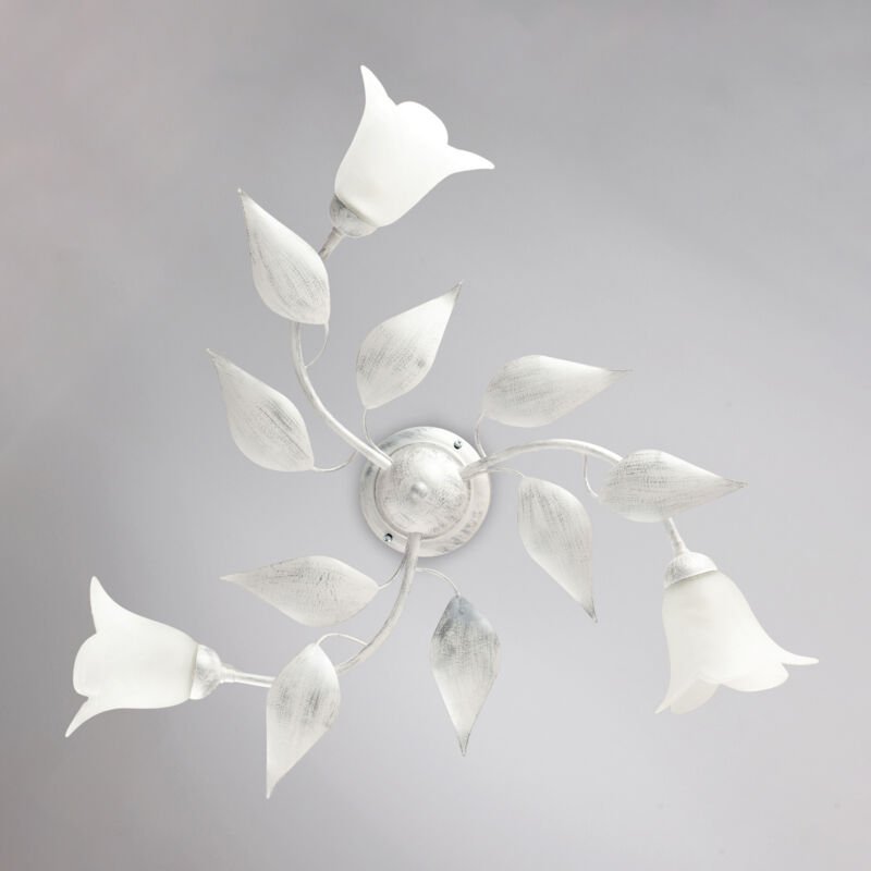 Weiß Silber Eisen Deckenlampe mit drei Lichtern Alabaster Weißglas 67x h20 cm