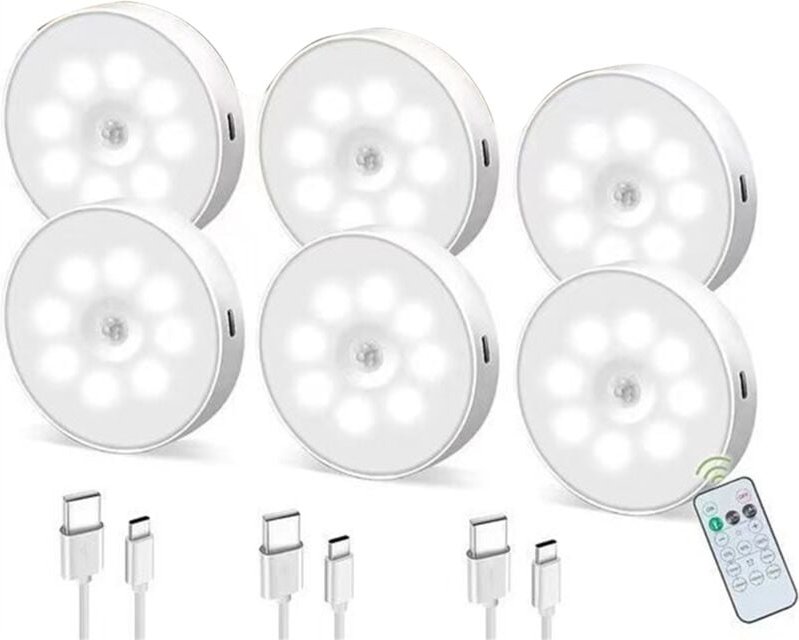 LED-Schrankleuchte mit Fernbedienung, dreifarbig, Bewegungssensor, wiederaufladbar, Unterbauleuchte (6er-Pack)