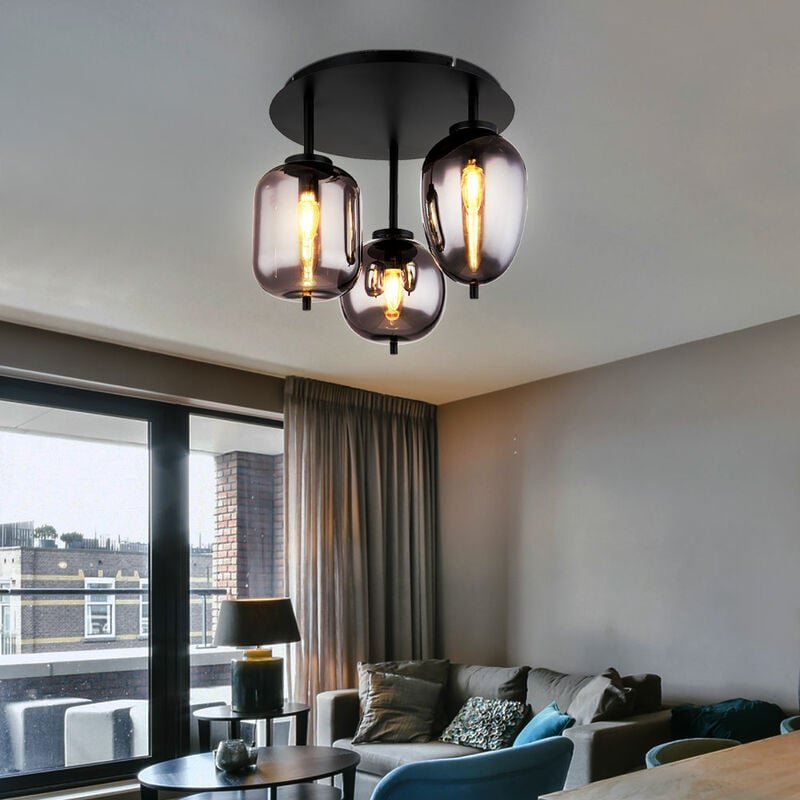 Deckenlampe Glasleuchte 3 flammig Glasschirm rauchfarben Deckenleuchte rund schwarz Wohnzimmerlampe, Metall Glas, schwar...
