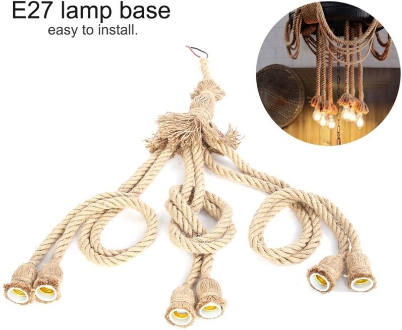 Zerodis Vintage Hanfseil-Pendelleuchte E27, DIY Dekorativer Glühbirnenhalter mit 6 Köpfen, E27 Lampensockel, Hanfseilkab...