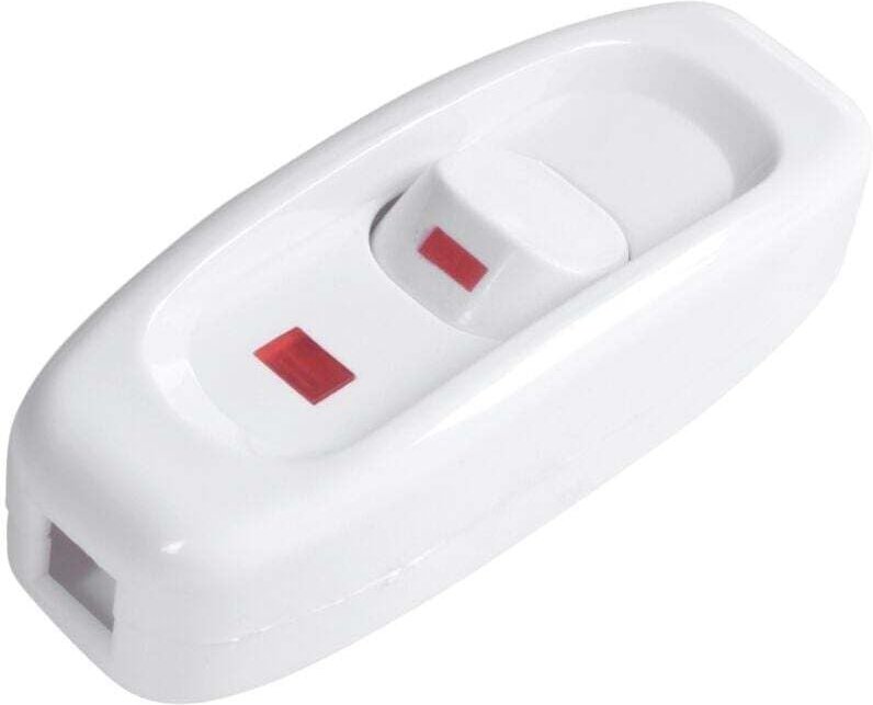 Kompakte weiße Kunststofflampe mit integriertem Kabel und Schalter.