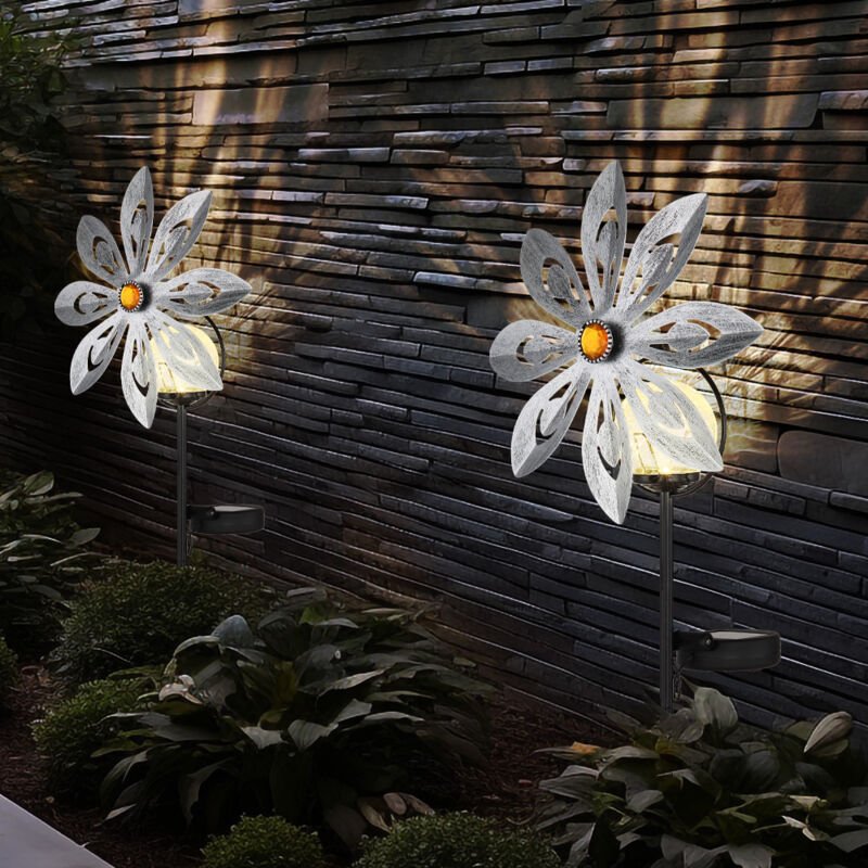 2er Set LED Außen Solarlampe Steckleuchte Gartenlampe Windrad Gartendeko Stecklampe silber grau Außenlampe Erdspieß, Met...